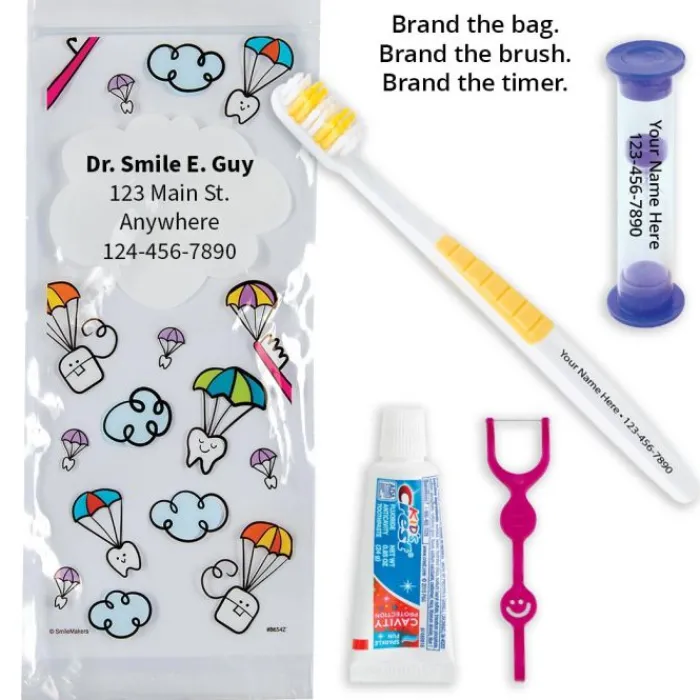 Dental Kits | Dental Practice Essentials<SmileCare Custom Components Youth Dental Paratrooper Zippered Bag Dental Kits with Flossers - Dental Kits from SmileMakers